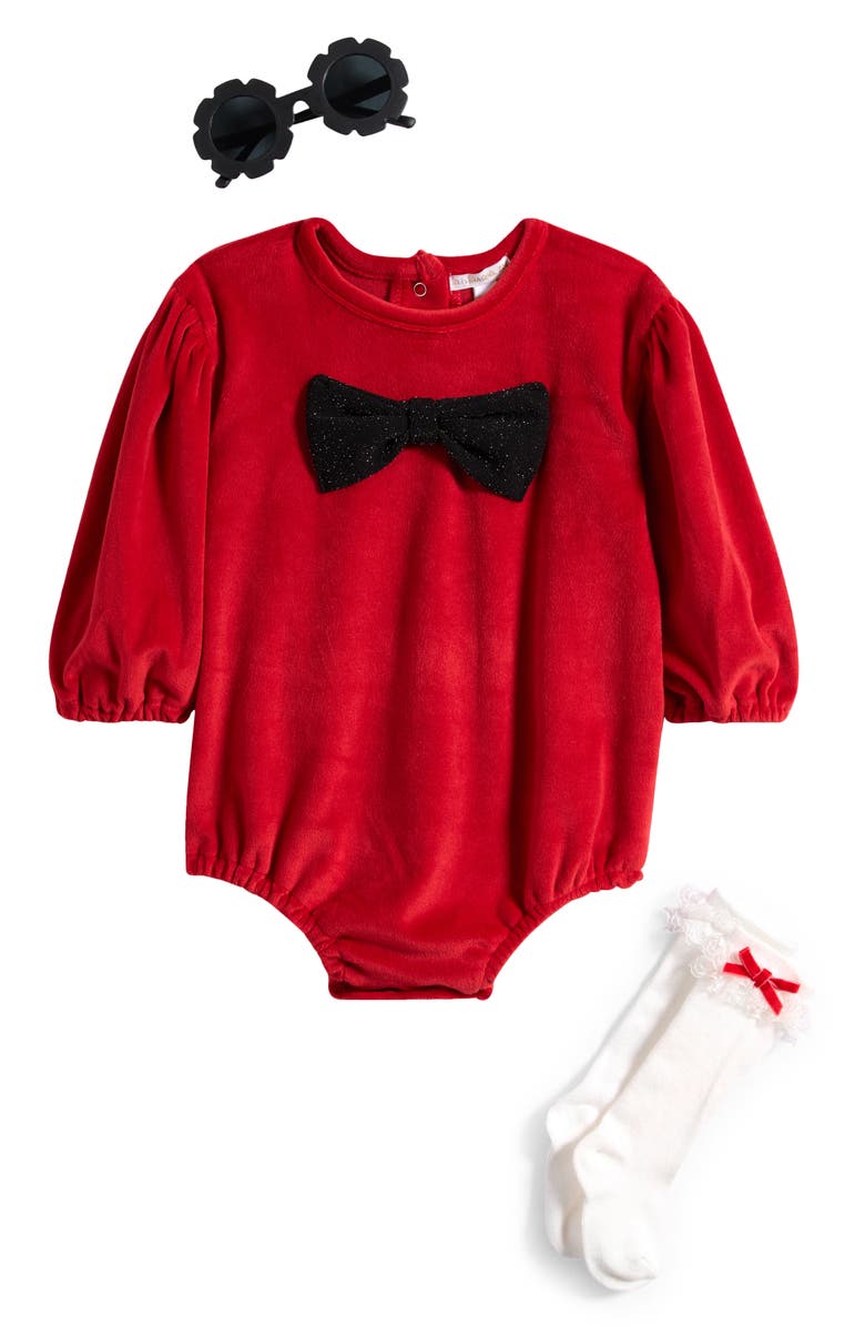 Rachel Zoe Velour Romper, Socks & Sunglasses Set, Main, color, Dark Red