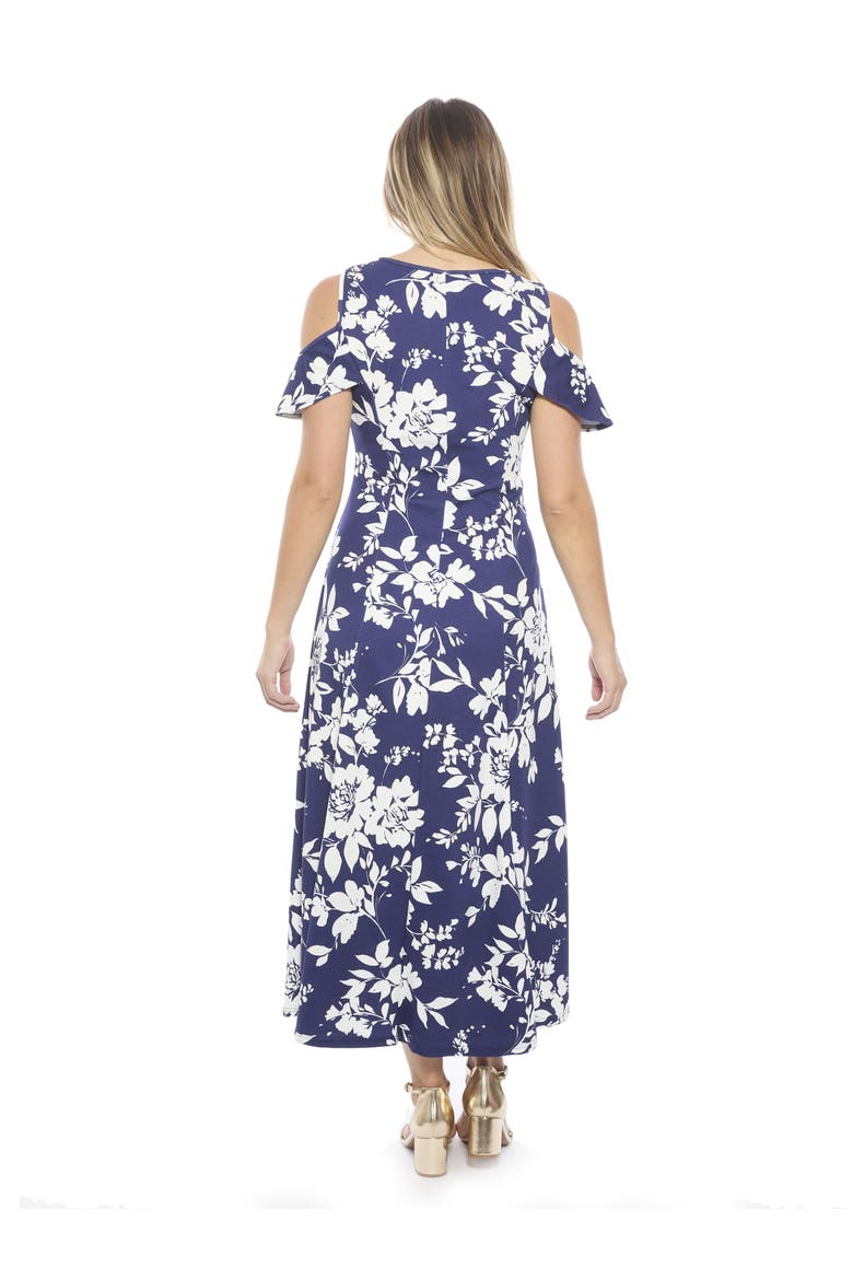 Womens Floral Ruffle Sleeve Cold Shoulder A-Line Maxi Dress, Alternate, color, Navy Multi