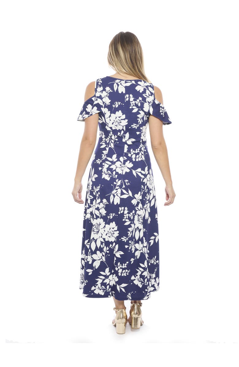 24seven Comfort Apparel Womens Floral Ruffle Sleeve Cold Shoulder A-Line Maxi Dress, Alternate, color, Navy Multi