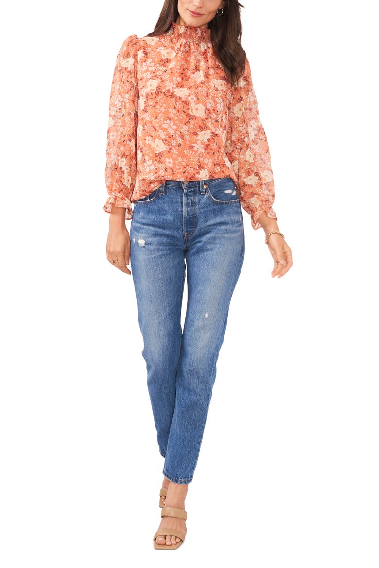 Floral Smocked Neck Blouse, Alternate, color, PEACH MULTI
