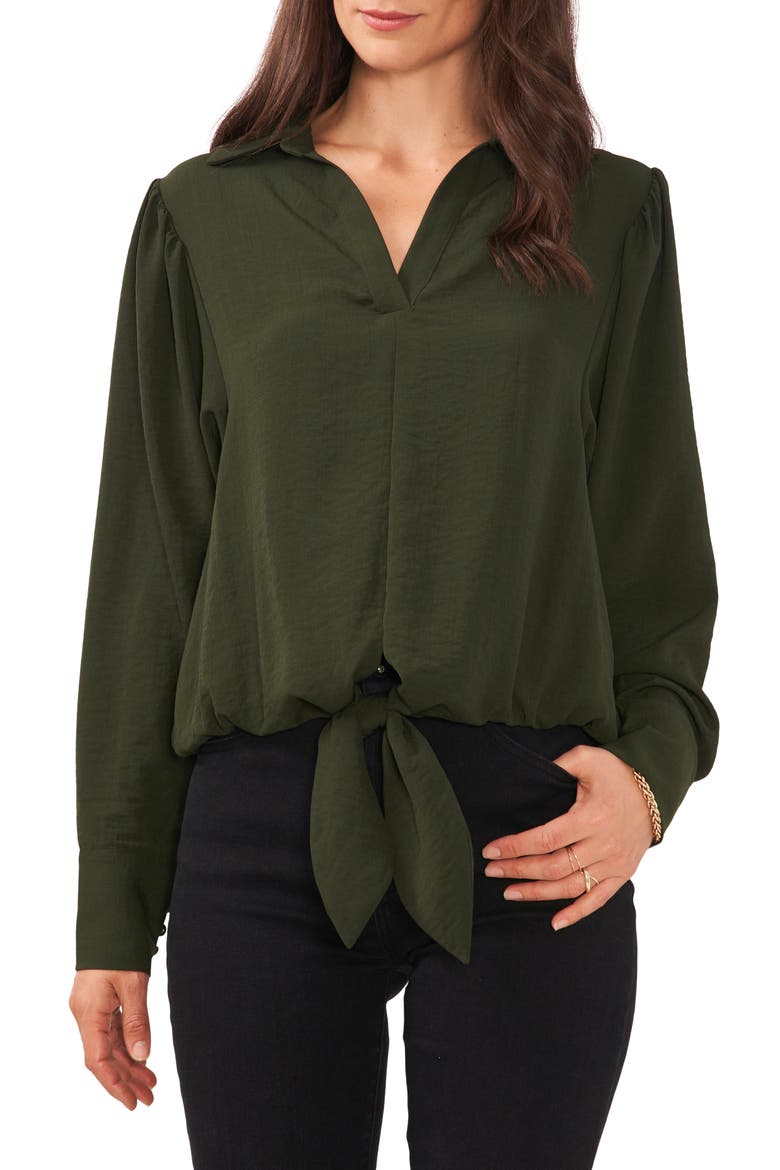 Hammered Satin Tie Front Top, Main, color, PINE FOREST