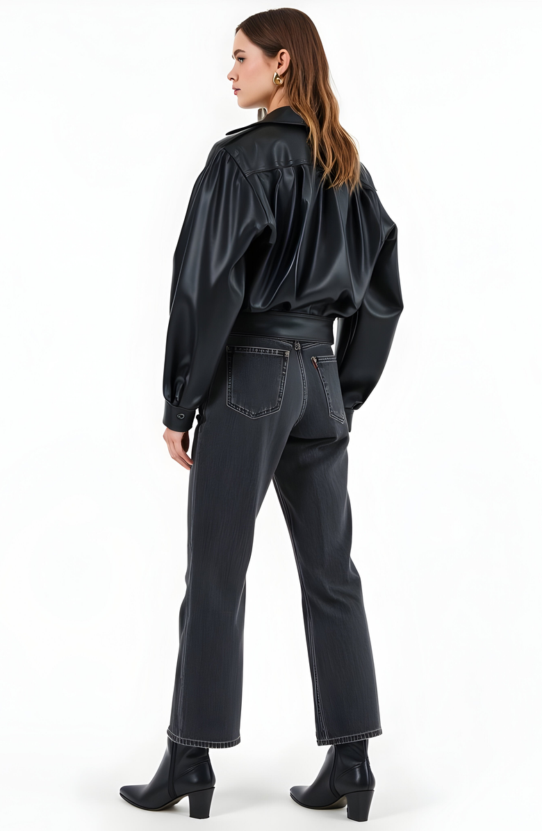 Modenaire Faux Leather Surplice Buttoned Waistband and Collar Jacket, Alternate, color, 