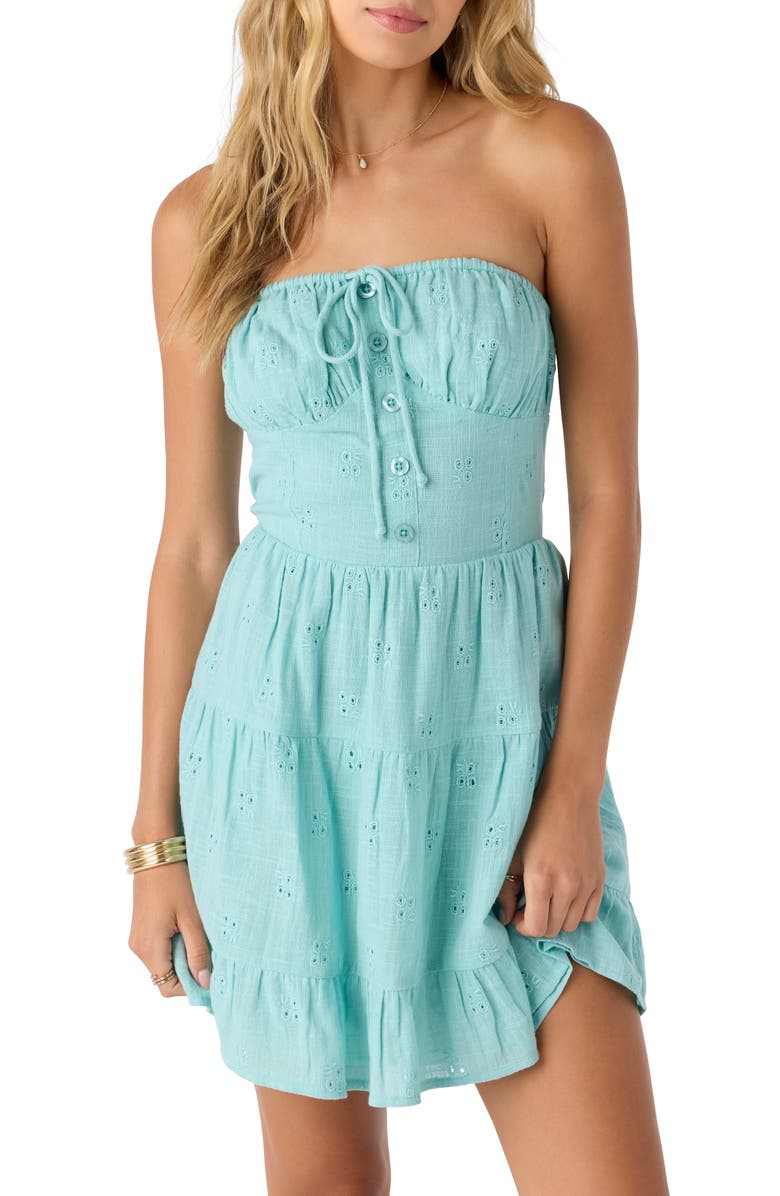 O'Neill Naya Eyelet Embroidered Strapless Cotton Minidress, Alternate, color, Nile Blue