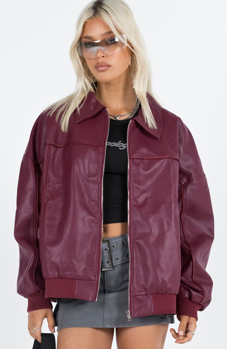 Princess Polly Goldsmith Oversize Faux Leather Bomber Jacket, Alternate, color, Dark Red