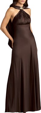 Mac Duggal Charmeuse Cowl Back Halter Neck Gown