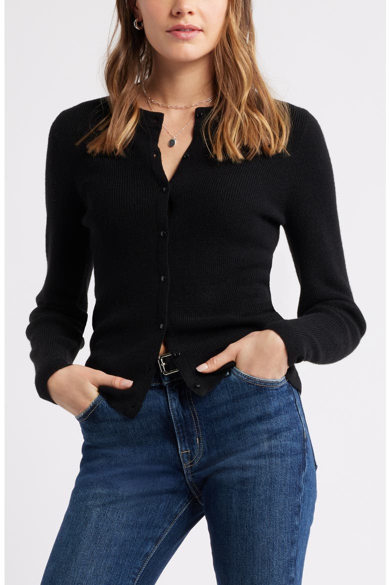 Crewneck Merino Wool Blend Cardigan, Main, color, BLACK