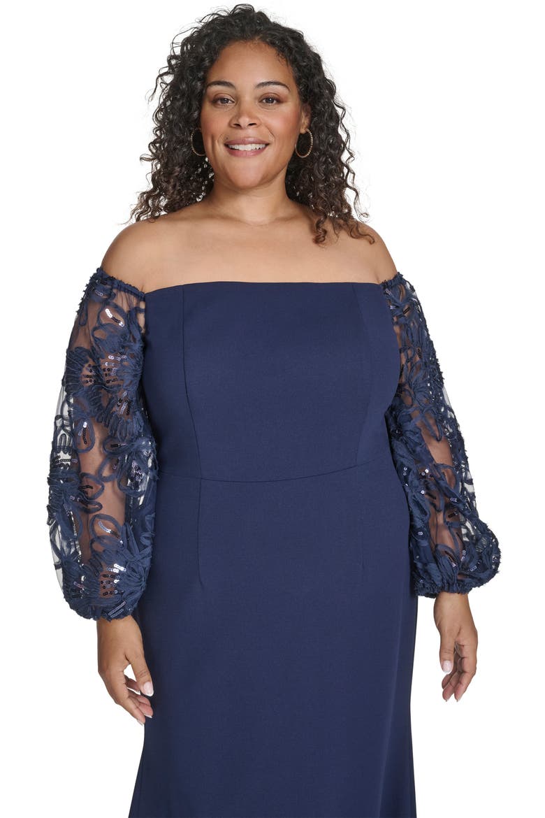 Off the Shoulder Lace Long Sleeve Gown, Alternate, color, NAVY