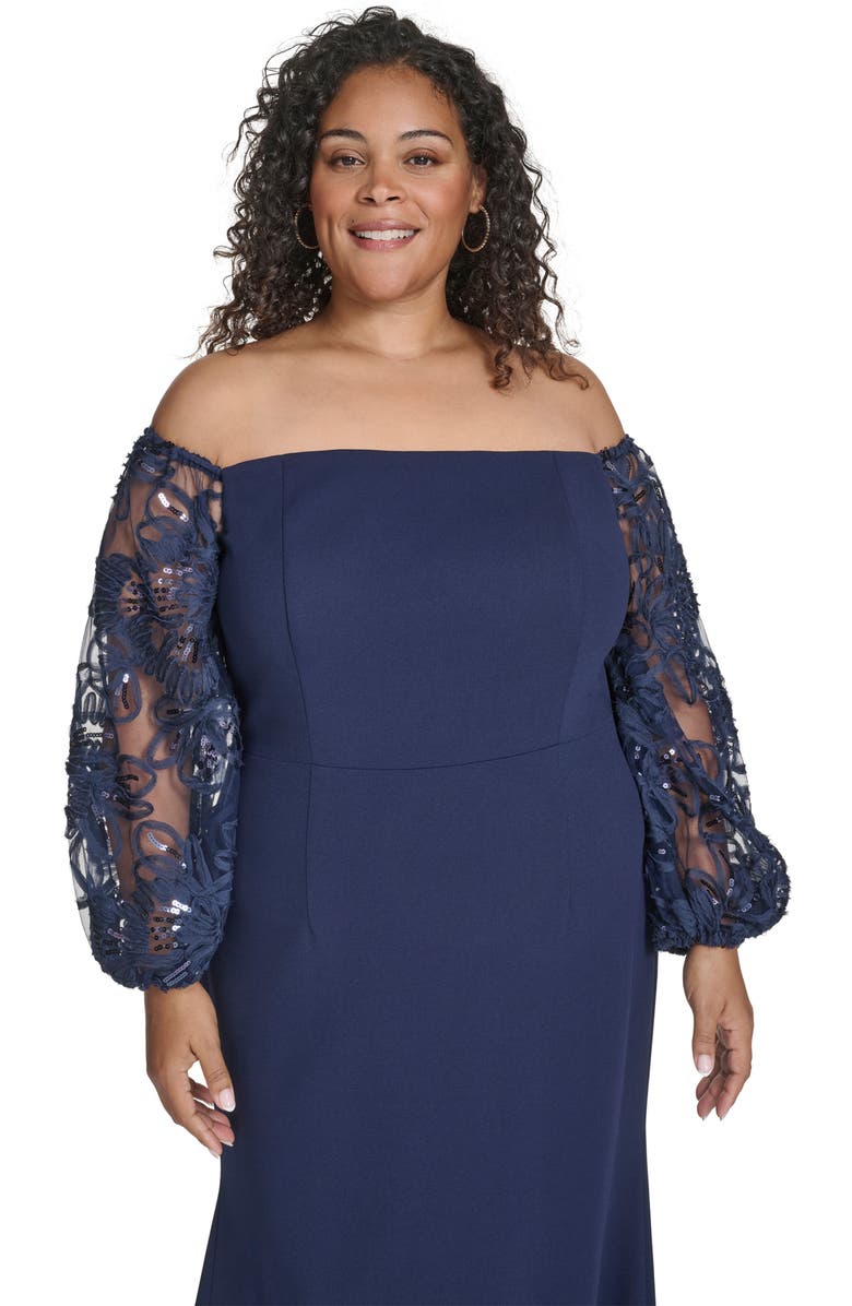 Eliza J Off the Shoulder Lace Long Sleeve Gown, Alternate, color, Navy