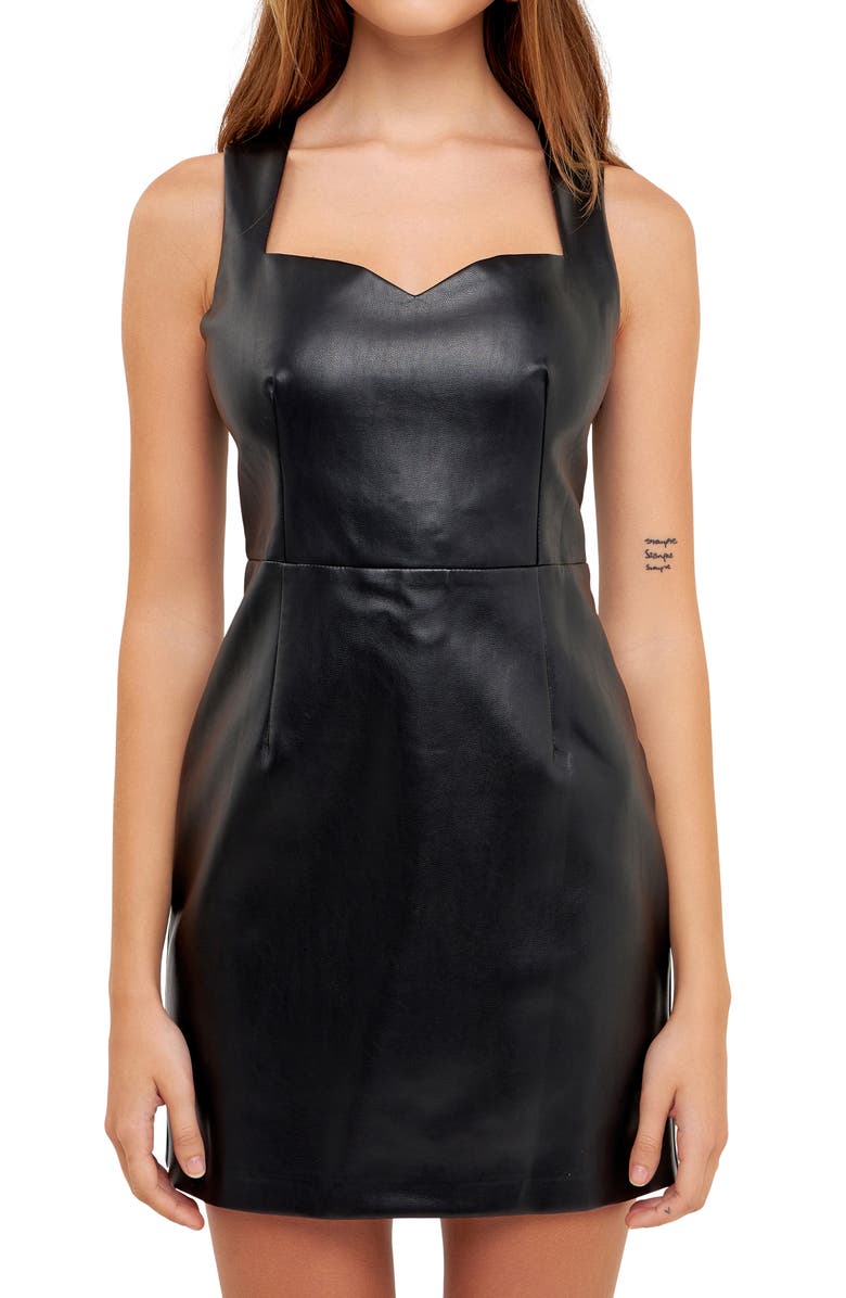 Grey Lab Sweetheart Neck Faux Leather Minidress, Alternate, color, Black