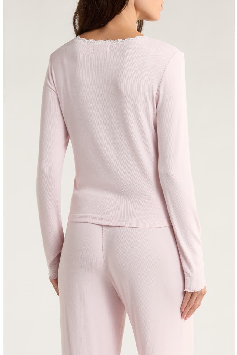 Daydream Lace Trim Rib Button-Up Lounge Top, Alternate, color, PINK CAKE