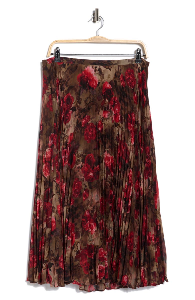 L'AGENCE Fernanda Floral Pleated Midi Skirt, Alternate, color, Army/ Pink Floral Cheetah