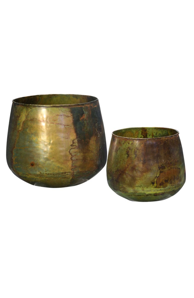 Storied Home Various Round Metal Planters with Oxidized Finish, Green, Set of 2, Main, color, Brass