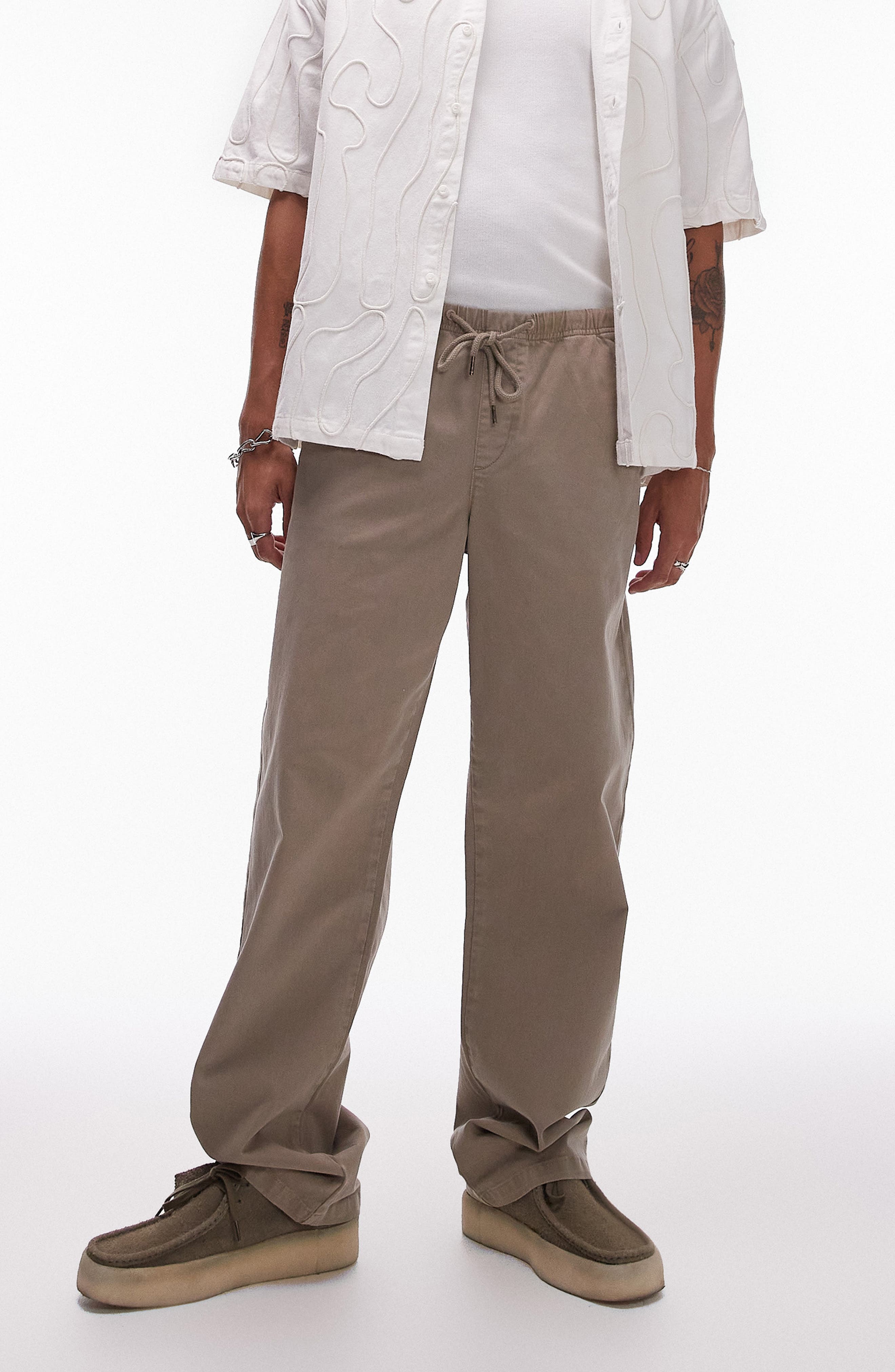 Topman Loose Fit Cotton Straight Leg Drawstring Pants in Khaki 