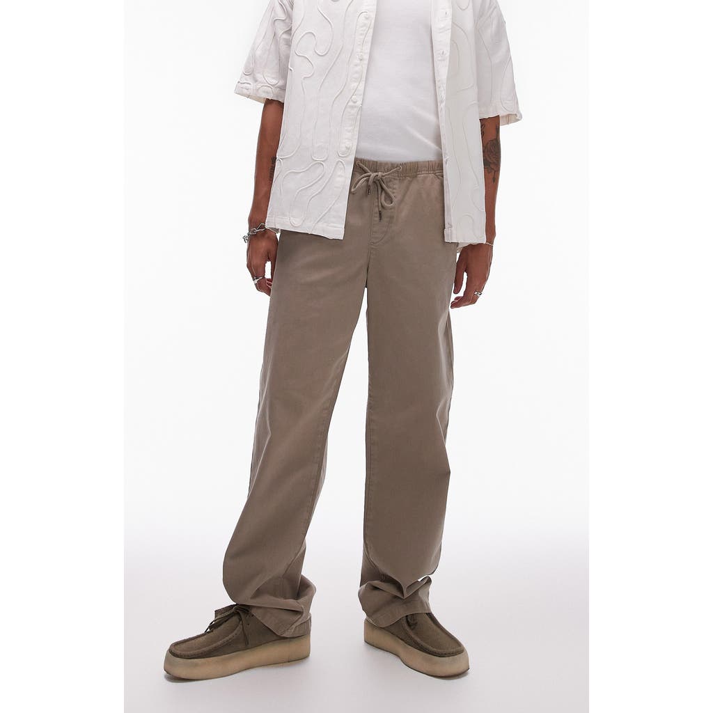 Topman Loose Fit Cotton Straight Leg Drawstring Pants in Khaki
