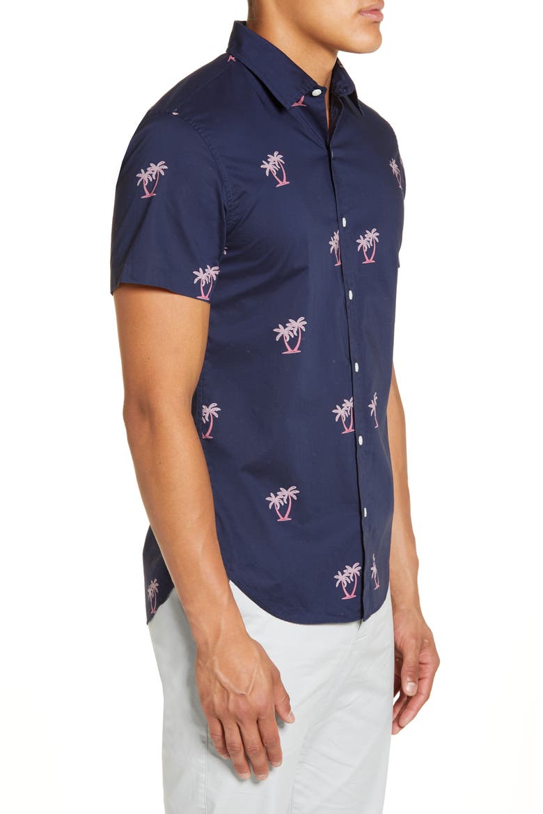 Slim Fit Short Sleeve Button-Up Shirt, Alternate, color, NEON PALMS - PINK ORCHID