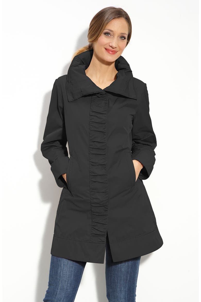 Ruched Front Travel Coat, Main, color, BLACK