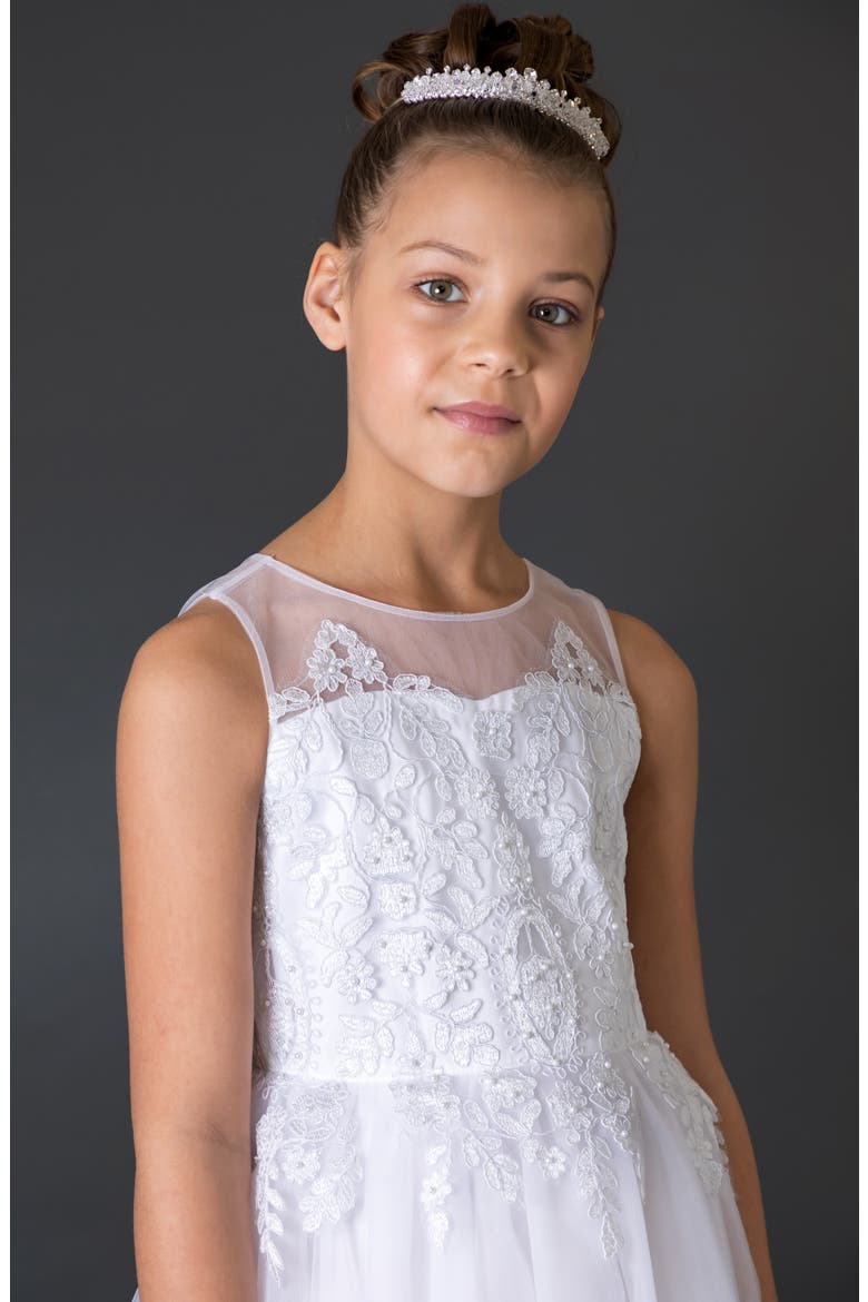 Embroidered Bodice Tulle Communion Dress, Alternate, color, WHITE