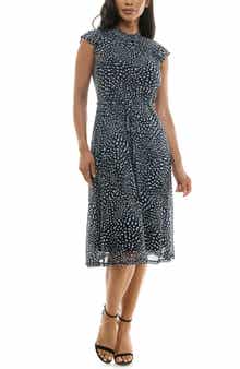 Nina Leonard Mock Neck Flutter Sleeve Midi Dress