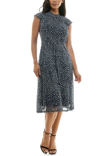 NINA LEONARD NINA LEONARD MOCK NECK FLUTTER SLEEVE MIDI DRESS 