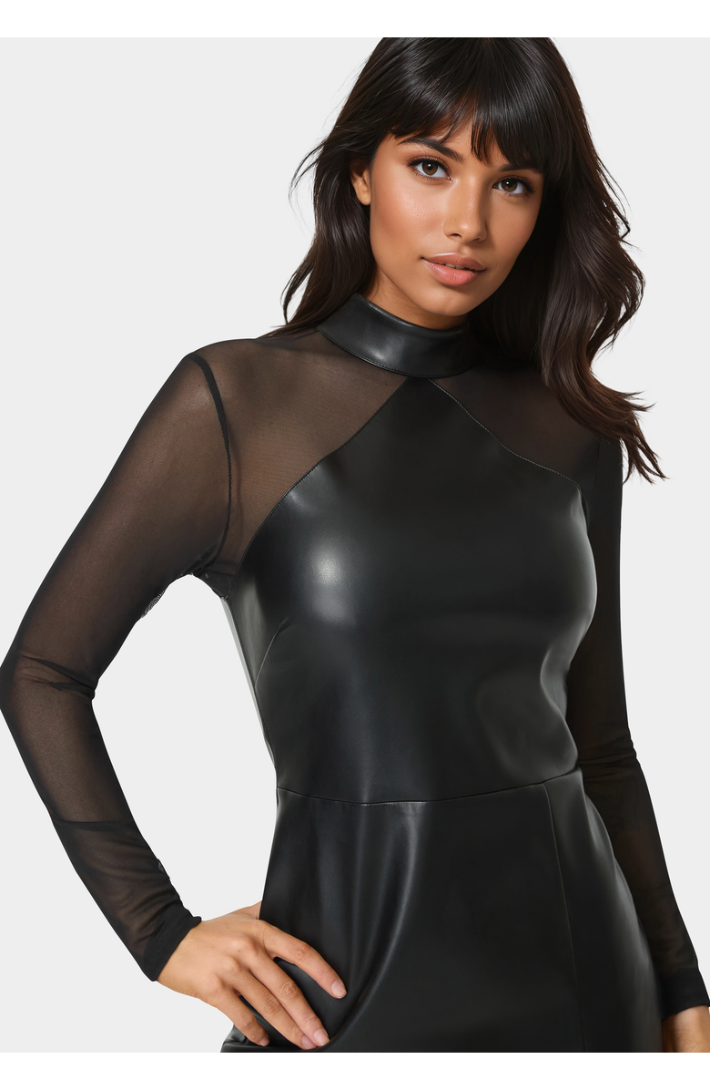 bebe Faux Leather and Mesh Mock Neck Mini Dress, Alternate, color, Black