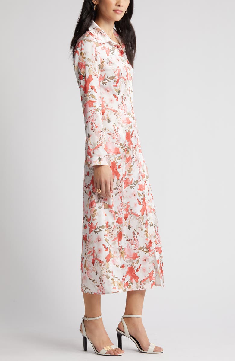 Ming Wang Watercolor Floral Long Sleeve Crêpe de Chine Shirtdress, Alternate, color, 