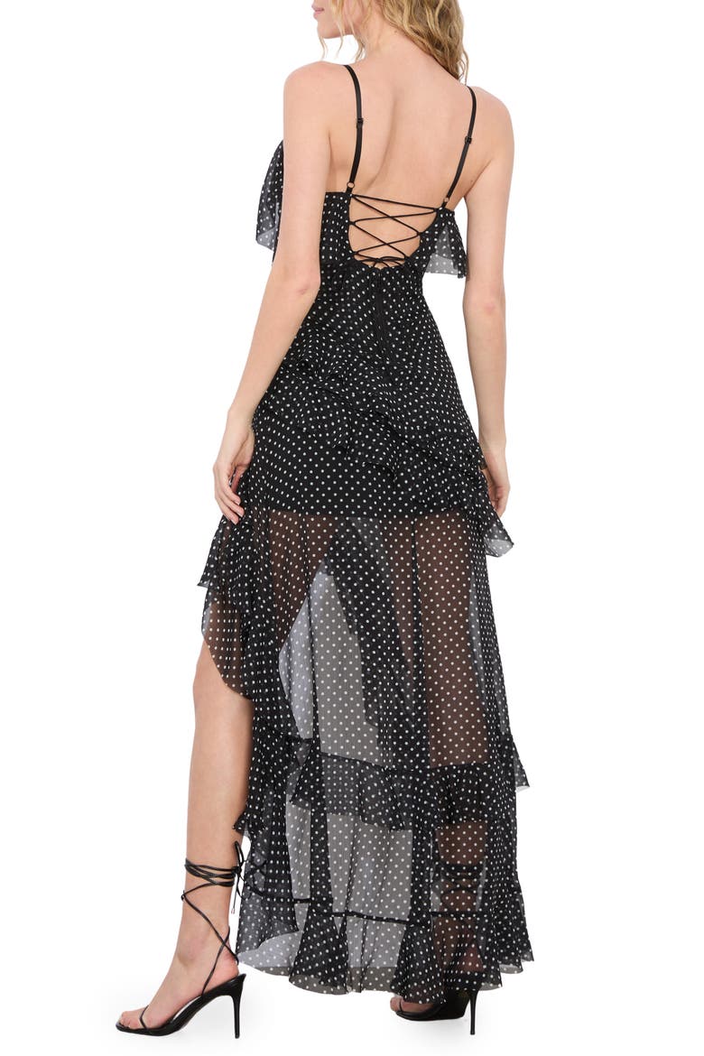 Laverne Lace Up Back Asymmetric Ruffle Maxi Dress, Alternate, color, TBD - BLACK WITH WHITE DOTS