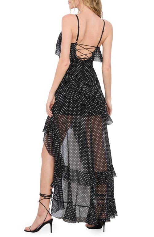 Alice And Olivia Laverne Asymmetrical Ruffle Silk-trim Dress In Tbd - Black With White Dots