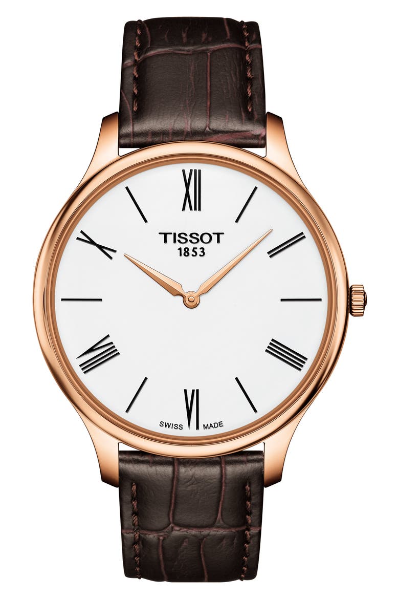 Men's Tradition 5.5 Leather Strap Watch, 39mm, Main, color, BROWN/ WHITE/ ROSE GOLD