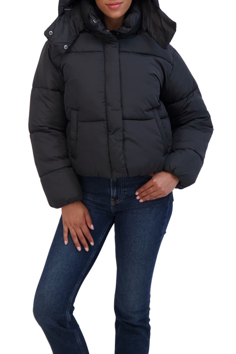 Short Hooded Puffer Jacket, Alternate, color, BLACK