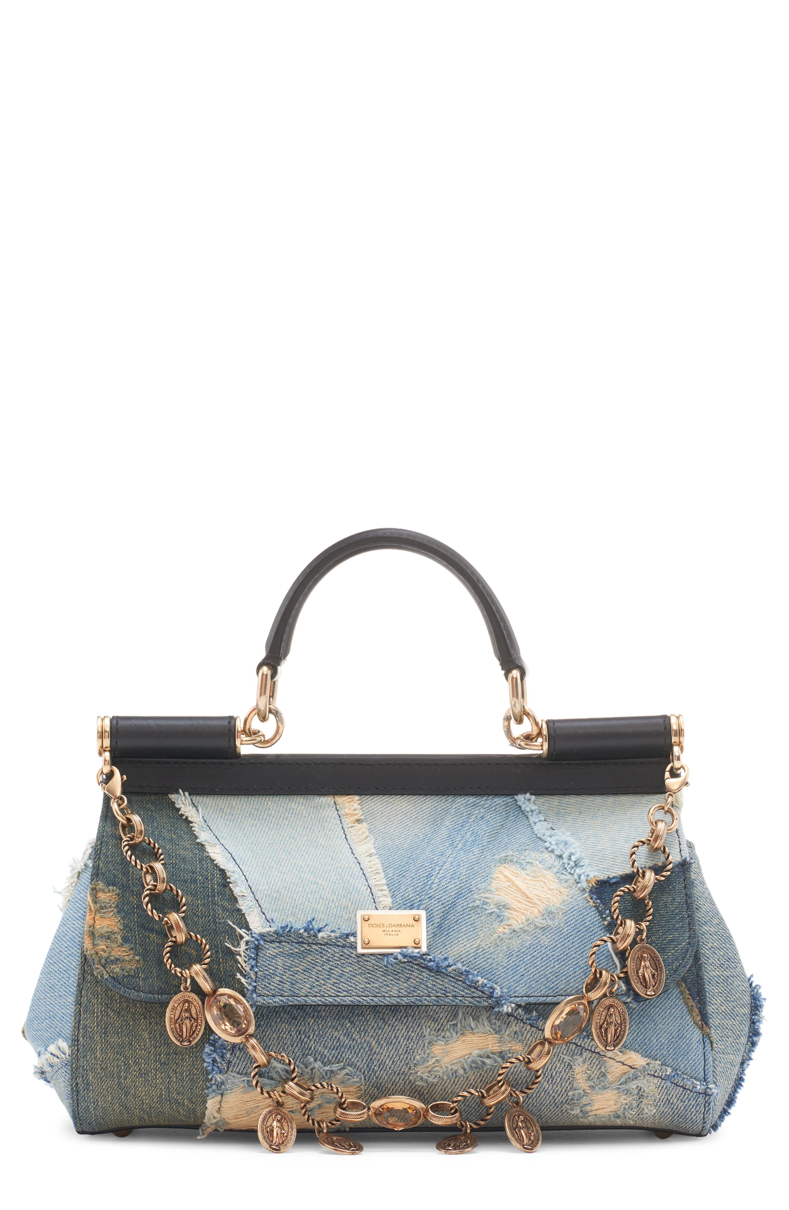 Dolce&Gabbana Medium Sicily East/West Patched Denim Satchel, Main, color, 