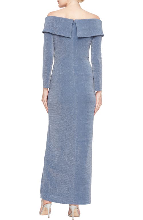 Alex Evenings Metallic Off The Shoulder Long Sleeve Gown In Wedgewood