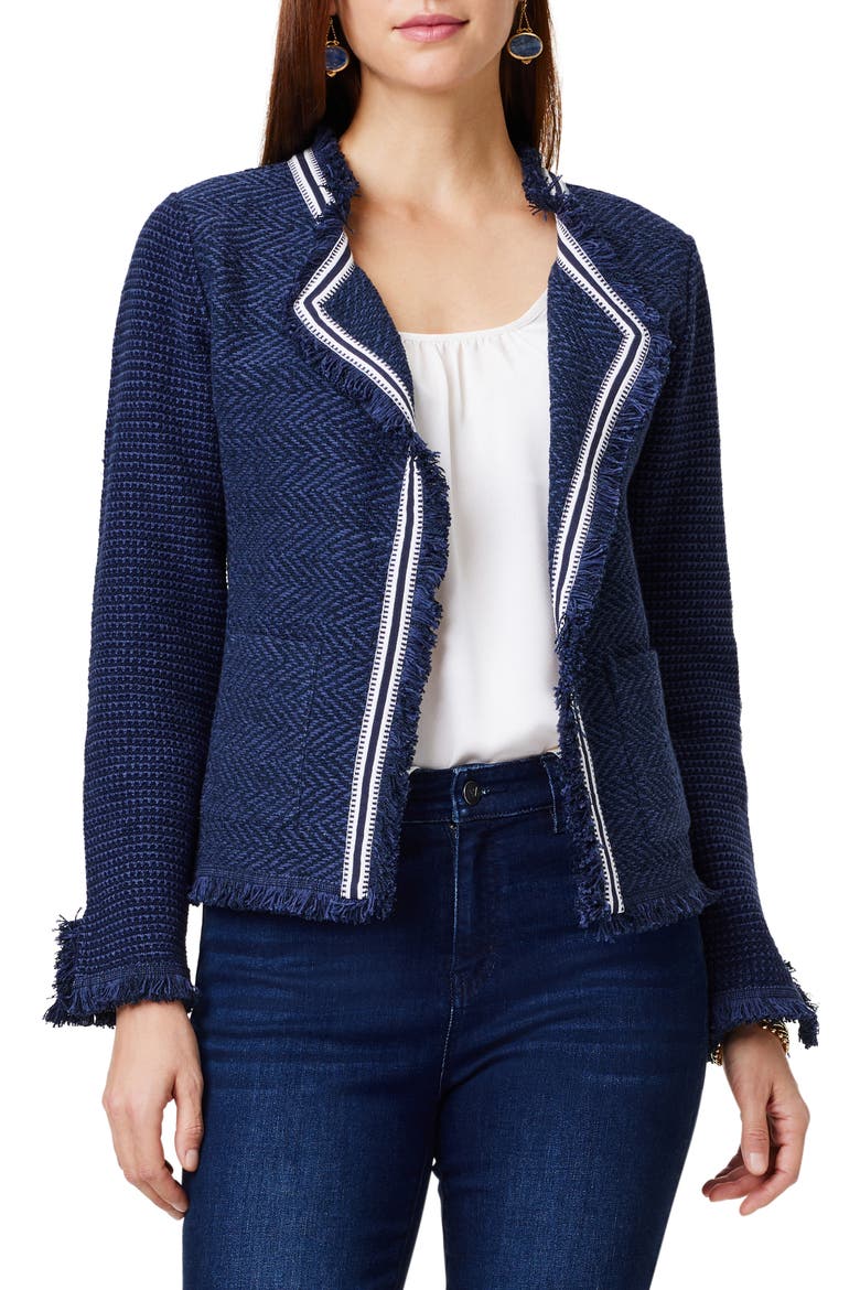 Ribbon Trim Fringe Mix Knit Jacket, Main, color, DARK INDIGO