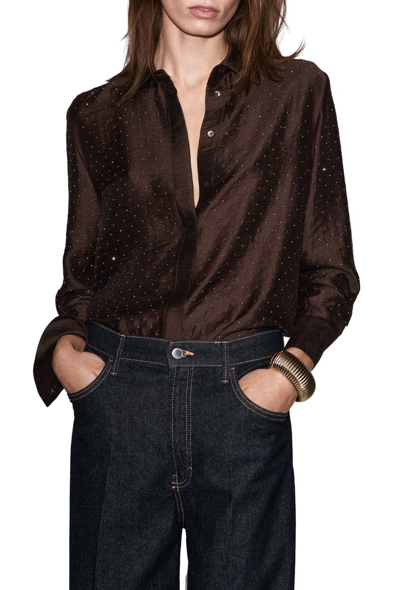 Rhinestone Satin Button-Up Shirt, Main, color, BROWN