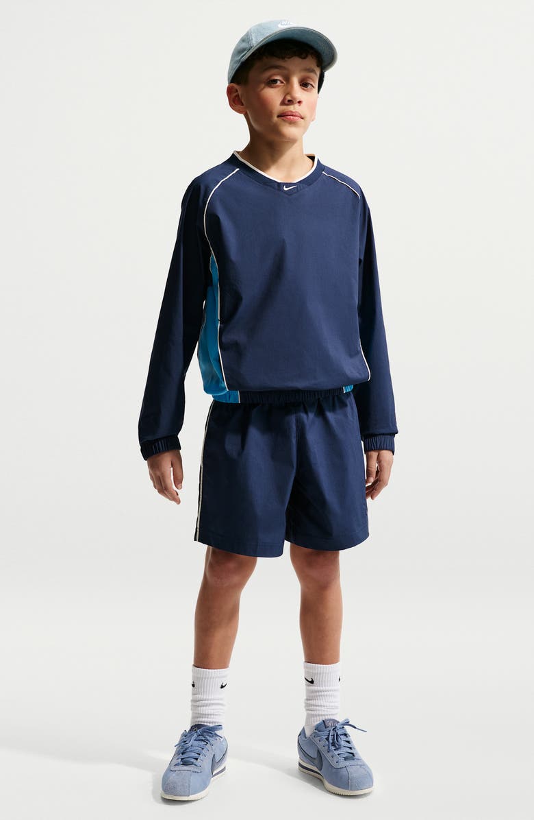 Nike Kids' Woven Long Sleeve V-Neck T-Shirt, Main, color, Midnight Navy/ Soft Pearl