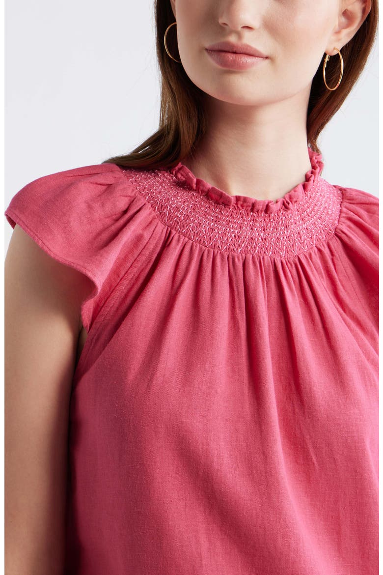 Smocked Neck Linen Blend Top, Alternate, color, PINK CARMINE