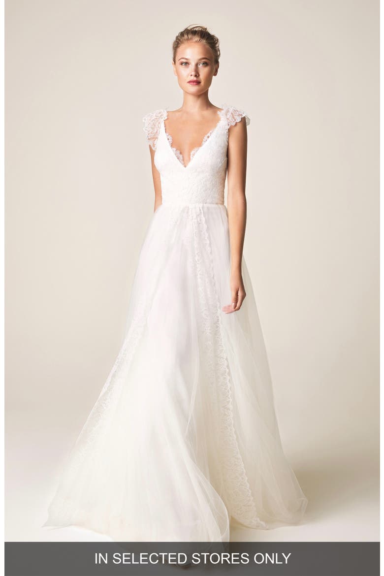 V-Neck Cap Sleeve Wedding Dress, Main, color, IVORY