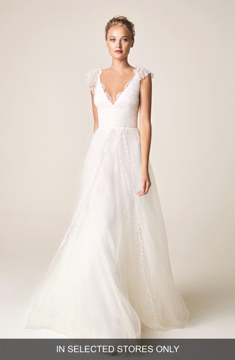 Jesús Peiró V-Neck Cap Sleeve Wedding Dress, Main, color,