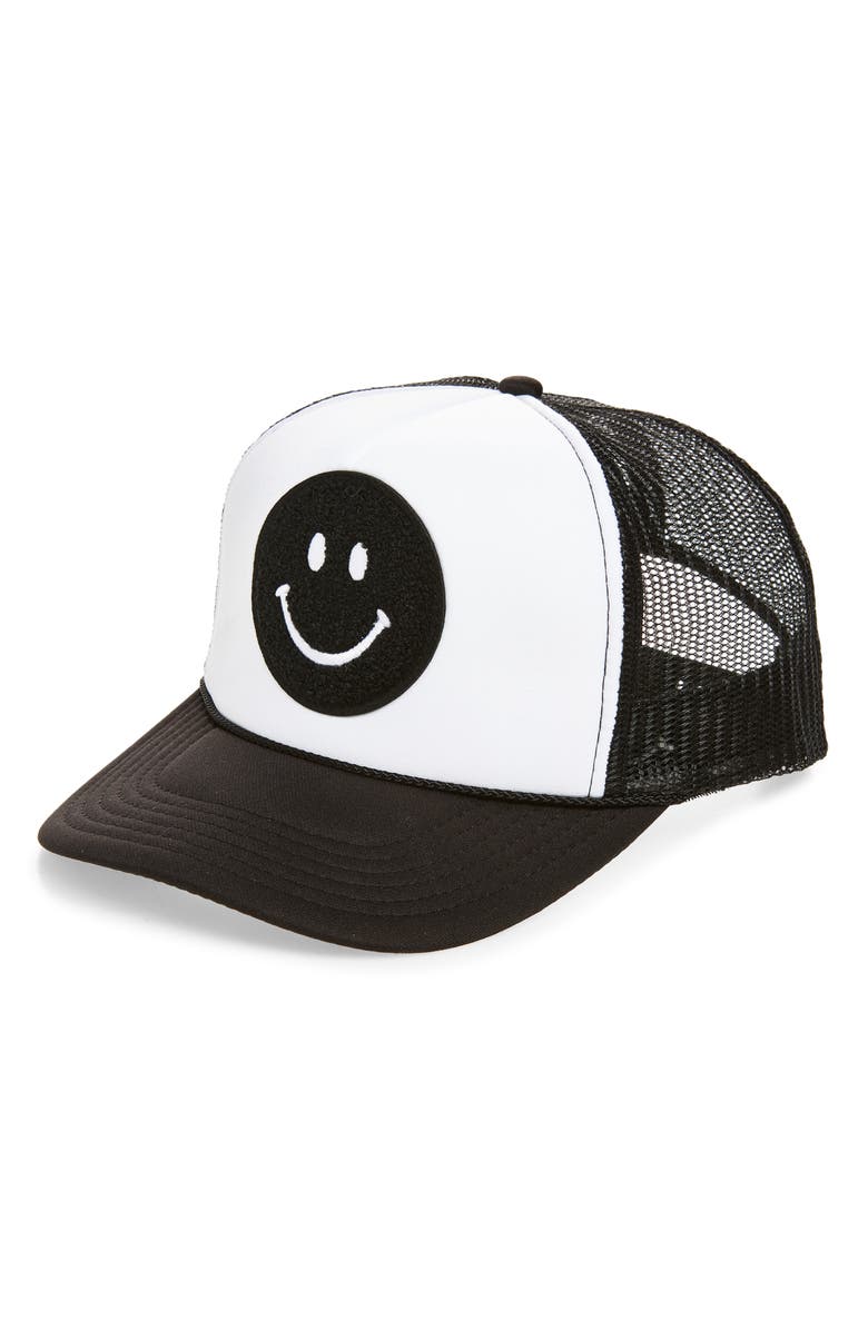 Local Beach Smiley Patch Trucker Hat, Main, color, Black/ White