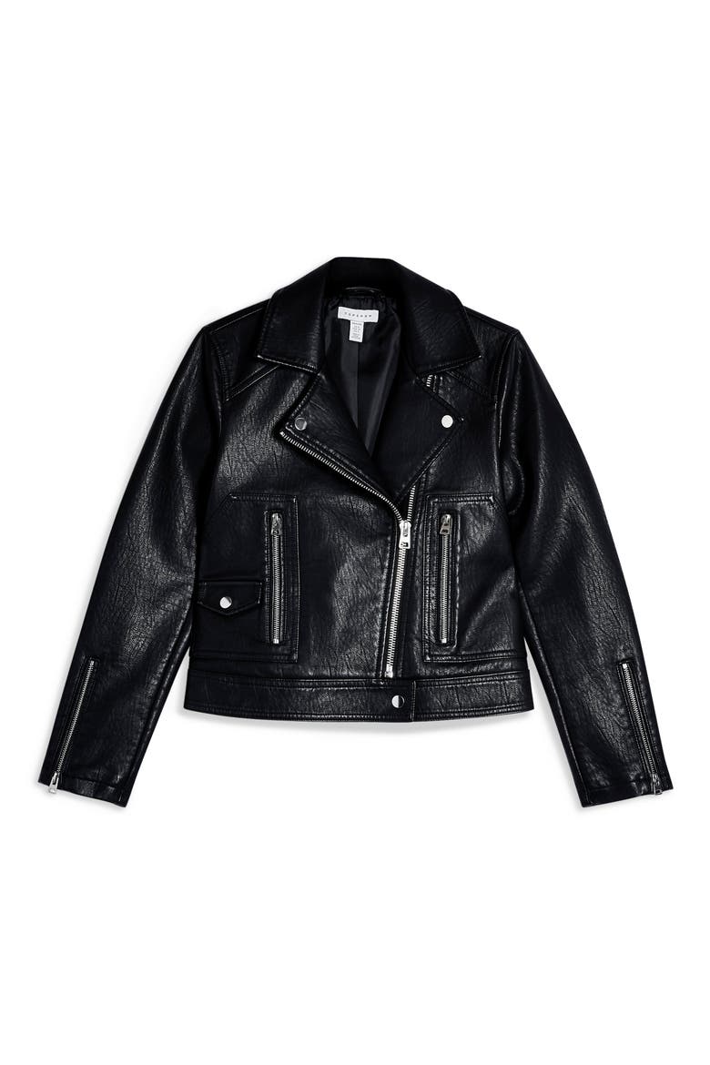 Teddy Faux Leather Biker Jacket, Alternate, color, BLACK