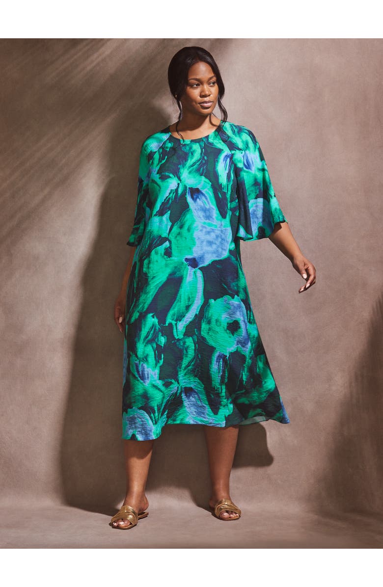 Live Unlimited Green Abstract Print Flutter Sleeve Midi Dress, Alternate, color, Green