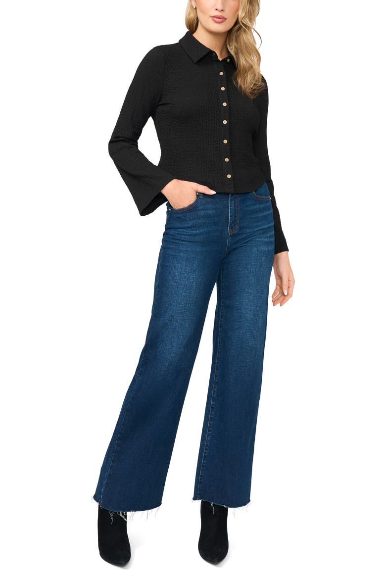 Flare Sleeve Knit Button-Up Shirt, Alternate, color, RICH BLACK