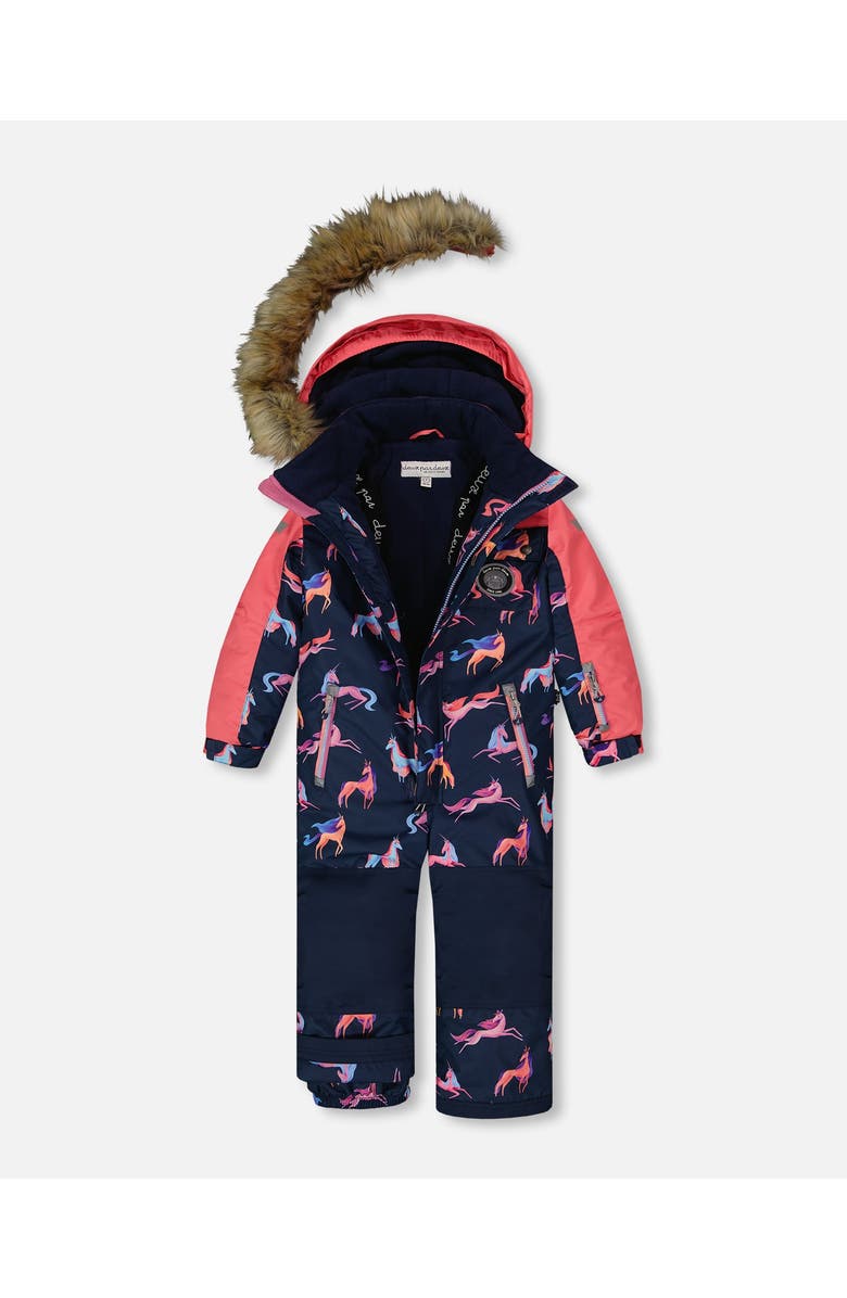 Deux par Deux Little Girl's One Piece Snowsuit Navy Printed Unicorn, Alternate, color,