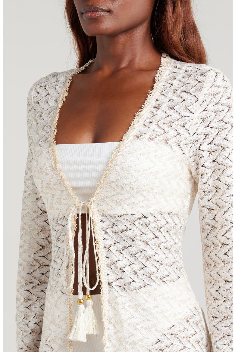 Fatima Metallic Long Sleeve Sheer Cover-Up Maxi Dress, Alternate, color, WHITE/ GOLD ZIG ZAG