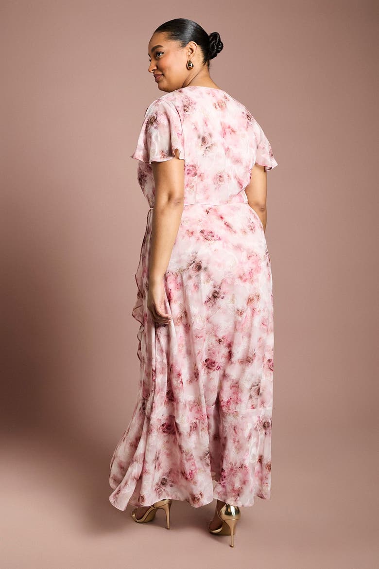 Plus Satin Floral Wrap Midi Dress, Alternate, color, Pink