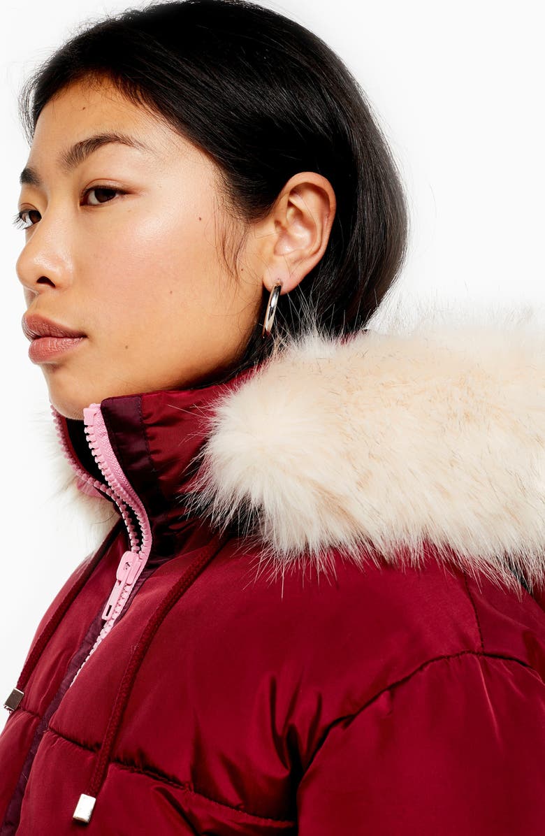 Topshop Lauren Hooded Puffer Jacket with Faux Fur Trim, Alternate, color, 