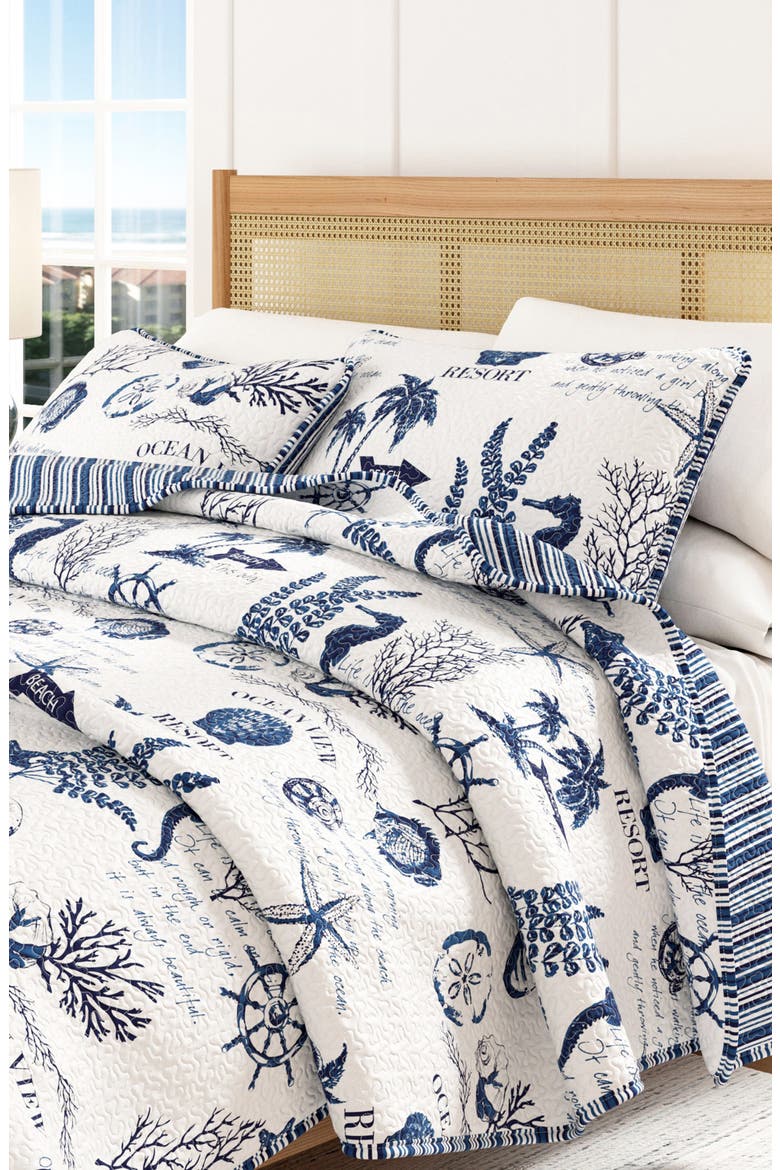 Nautical Print Reversible Microfiber Quilt Set, Main, color, NAVY