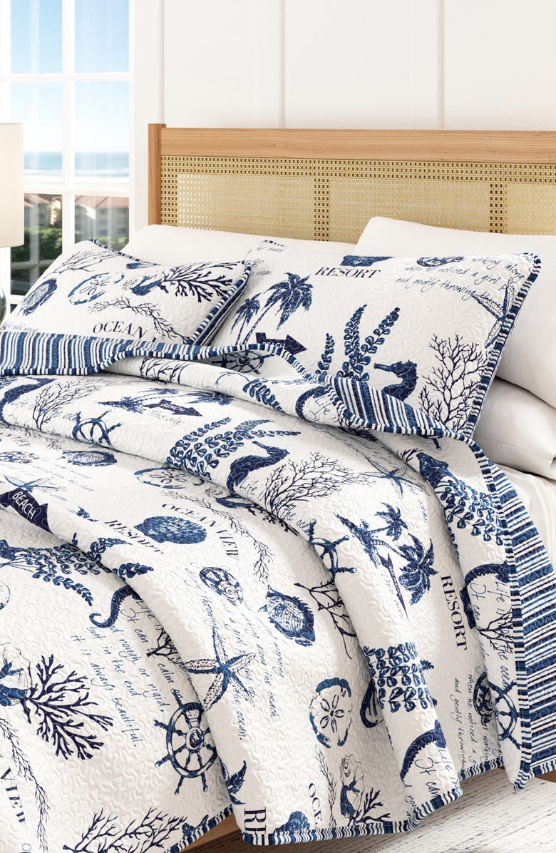 Woven & Weft Nautical Print Reversible Microfiber Quilt Set, Main, color, Navy