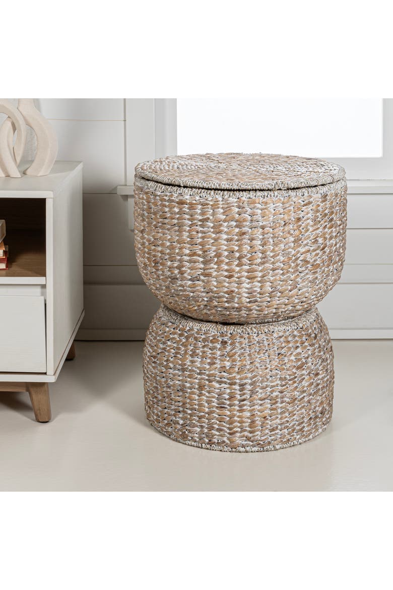 Bhola Hourglass Handwoven Hyacinth Storage Accent Table with Lid, Alternate, color, White Wash