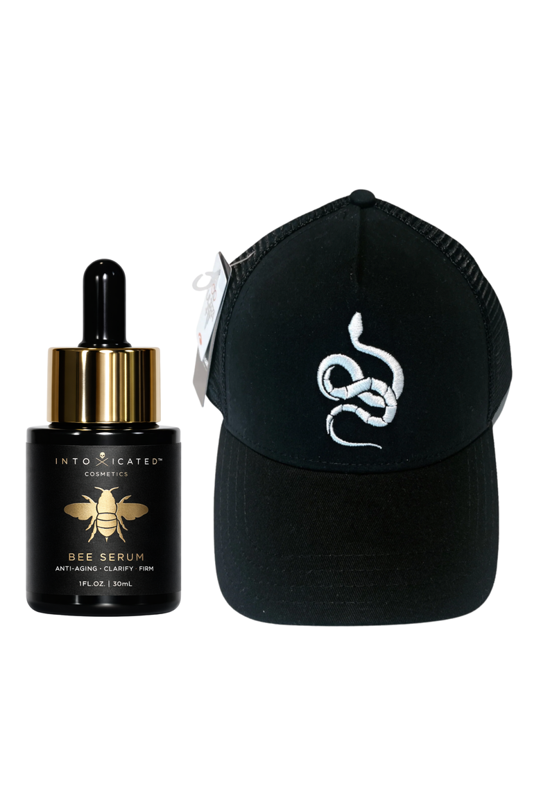 Bee Serum + Intoxicated Cosmetics Hat Bundle | 1 fl oz/ 30 ml | Anti-Aging Formula with Vegan Snake Peptides | Hydrating Hyaluronic Acid | Niacinamide for Radiant Skin Repair, Main, color, None