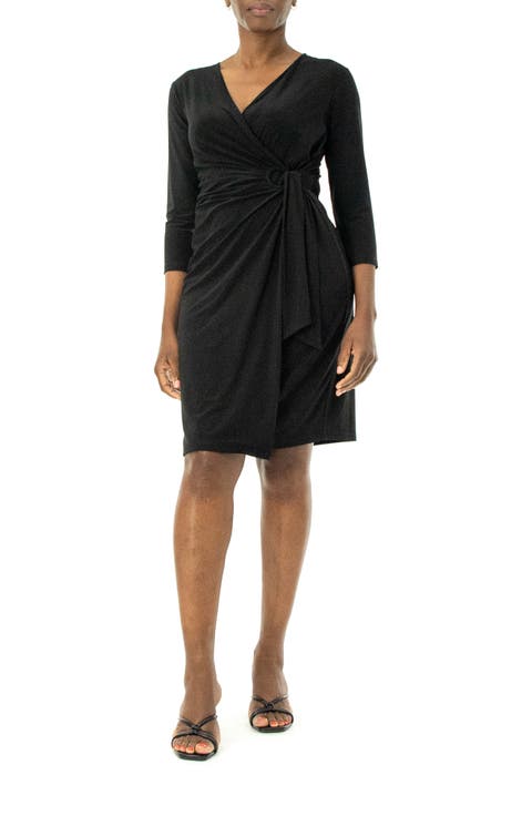 Surplice Neck Three-Quarter Sleeve O-Ring Faux Wrap Dress